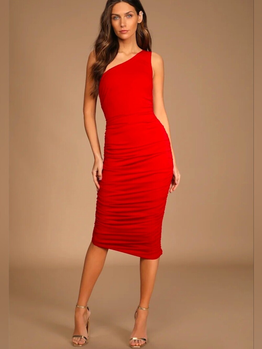 Lulu's One-Shoulder Ruched Red Midi Dress - Picture 1 of 8